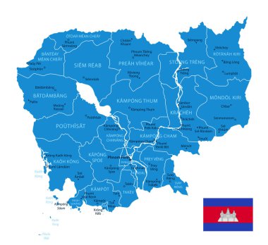 Kamboçya - şehirlerin ve bölgelerin detaylı mavi ülke haritası. Vektör illüstrasyonu.