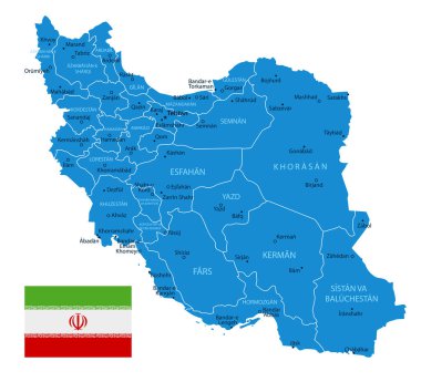 İran - şehirler, bölgeler, dünya haritası ve küresi üzerinde yer alan detaylı bir mavi ülke haritası. Bilgi simgeleri. resimleme