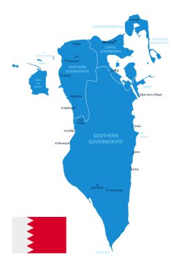 Bahreyn - şehirlerin ve bölgelerin detaylı mavi ülke haritası. Vektör illüstrasyonu.