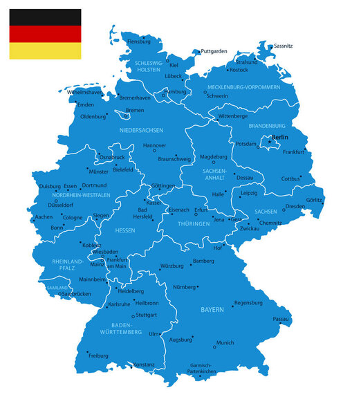 Germany - detailed blue country map with cities and regions. Vector illustration.