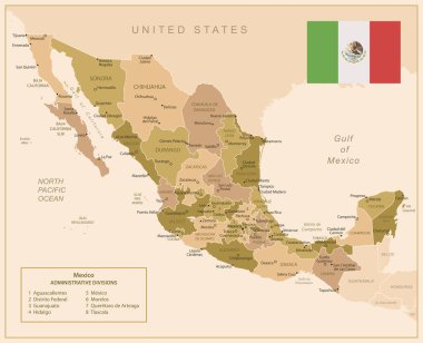 Meksika, ülkenin kahverengi renkli detaylı haritası, bölgelere bölünmüş. Vektör illüstrasyonu