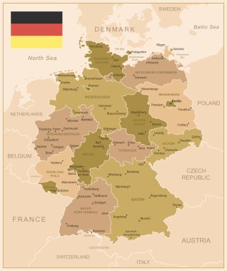 Almanya - ülkenin kahverengi renkli detaylı haritası, bölgelere bölünmüş. Vektör illüstrasyonu