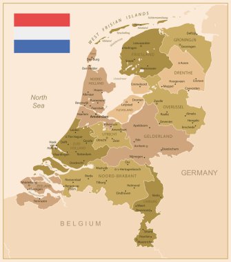 Hollanda - ülkenin kahverengi renkli detaylı haritası, bölgelere bölünmüş. Vektör illüstrasyonu