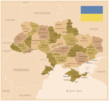Ukrayna - idari bölümleri ve ülke bayrağıyla detaylı harita. Vektör illüstrasyonu