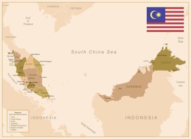 Malezya - ülkenin kahverengi renkli detaylı haritası, bölgelere bölünmüş. Vektör illüstrasyonu