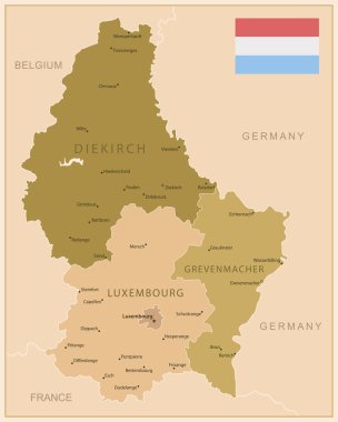 Lüksemburg - ülkenin kahverengi renkleriyle detaylı haritası, bölgelere bölünmüş. Vektör illüstrasyonu