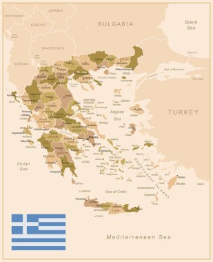 Yunanistan - ülkenin kahverengi renkli ayrıntılı haritası, bölgelere bölünmüş. Vektör illüstrasyonu