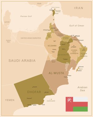 Umman - ülkenin kahverengi renkli detaylı haritası, bölgelere bölünmüş. Vektör illüstrasyonu