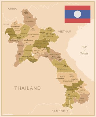 Laos - ülkenin kahverengi renkli detaylı haritası, bölgelere bölünmüş. Vektör illüstrasyonu