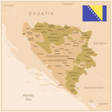 Bosna-Hersek - ülkenin kahverengi renkli ayrıntılı haritası, bölgelere bölünmüş. Vektör illüstrasyonu