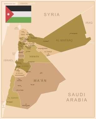 Ürdün - ülkenin kahverengi renkli detaylı haritası, bölgelere bölünmüş. Vektör illüstrasyonu