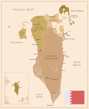 Bahreyn - ülkenin kahverengi renkleriyle detaylı haritası, bölgelere bölünmüş. Vektör illüstrasyonu