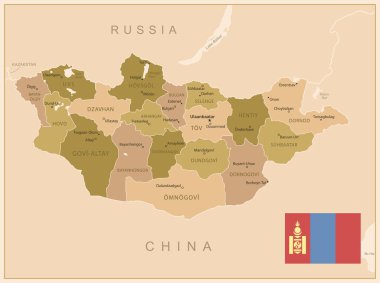 Moğolistan - ülkenin kahverengi renkli detaylı haritası, bölgelere bölünmüş. Vektör illüstrasyonu