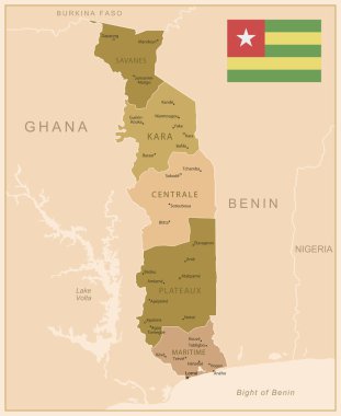 Togo - ülkenin kahverengi renkli detaylı haritası, bölgelere bölünmüş. Vektör illüstrasyonu