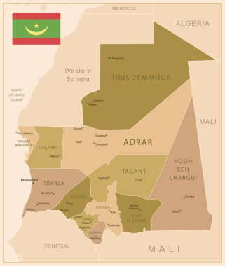 Moritanya - ülkenin kahverengi renkli detaylı haritası, bölgelere bölünmüş. Vektör illüstrasyonu