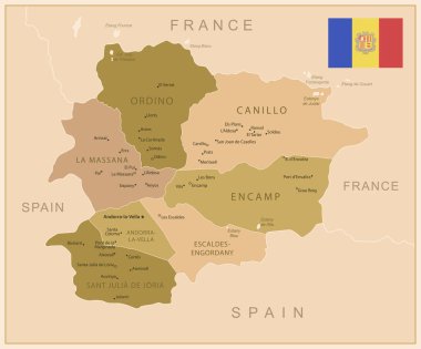Andorra - ülkenin kahverengi renkli detaylı haritası, bölgelere bölünmüş. Vektör illüstrasyonu