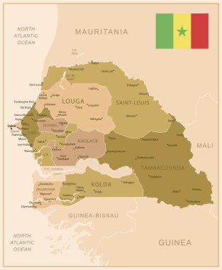 Senegal - ülkenin kahverengi renkli detaylı haritası, bölgelere bölünmüş. Vektör illüstrasyonu