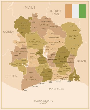 Cote dIvoire - ülkenin kahverengi renkli detaylı haritası, bölgelere bölünmüş. Vektör illüstrasyonu