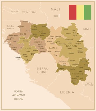 Gine - ülkenin kahverengi renkli detaylı haritası, bölgelere bölünmüş. Vektör illüstrasyonu