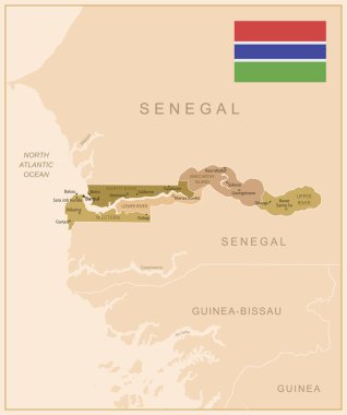 Gambiya - ülkenin kahverengi renkli detaylı haritası, bölgelere bölünmüş. Vektör illüstrasyonu