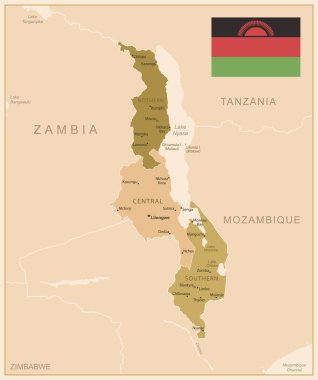 Malawi - ülkenin kahverengi renkli detaylı haritası, bölgelere bölünmüş. Vektör illüstrasyonu