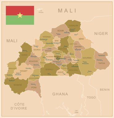 Burkina Faso - ülkenin kahverengi renkli detaylı haritası, bölgelere bölünmüş. Vektör illüstrasyonu