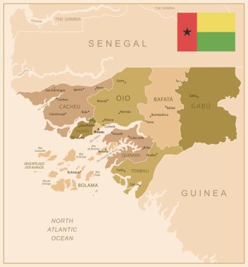 Gine-Bissau - ülkenin kahverengi renkli detaylı haritası, bölgelere bölünmüş. Vektör illüstrasyonu