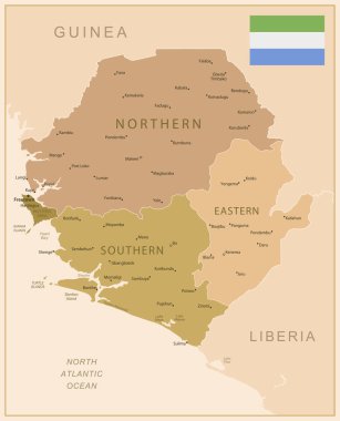 Sierra Leone - ülkenin kahverengi renkli detaylı haritası, bölgelere bölünmüş. Vektör illüstrasyonu