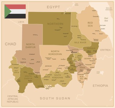 Sudan - ülkenin kahverengi renkli detaylı haritası, bölgelere bölünmüş. Vektör illüstrasyonu