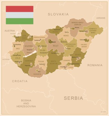 Macaristan - ülkenin kahverengi renkli detaylı haritası, bölgelere bölünmüş. Vektör illüstrasyonu