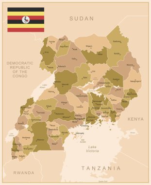 Uganda - ülkenin kahverengi renkli detaylı haritası, bölgelere bölünmüş. Vektör illüstrasyonu