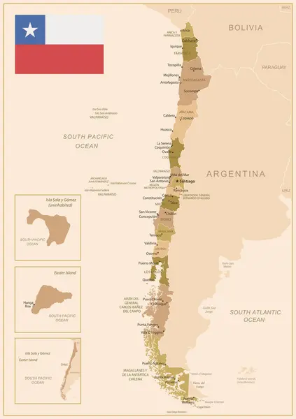 stock vector Chile - detailed map of the country in brown colors, divided into regions. Vector illustration