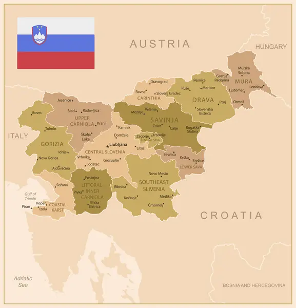 stock vector Slovenia - detailed map of the country in brown colors, divided into regions. Vector illustration