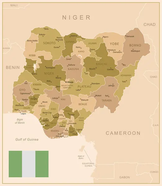 stock vector Nigeria - detailed map of the country in brown colors, divided into regions. Vector illustration