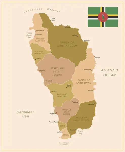 stock vector Dominica - detailed map of the country in brown colors, divided into regions. Vector illustration