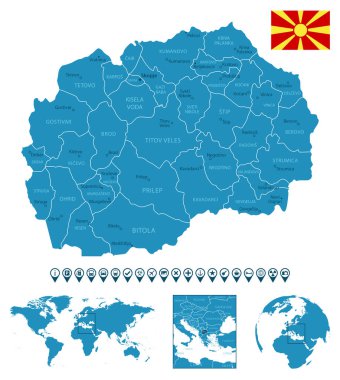 Kuzey Makedonya - şehirlerle, bölgelerle, dünya haritası ve küresindeki konumla ilgili ayrıntılı bir mavi ülke haritası. Bilgi simgeleri. Vektör illüstrasyonu