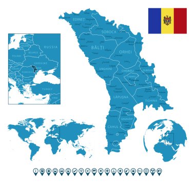 Moldova - şehirlerle, bölgelerle, dünya haritasında ve kürede yer alan detaylı mavi ülke haritası. Bilgi simgeleri. Vektör illüstrasyonu