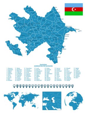 Azerbaycan - şehirlerle, bölgelerle, dünya haritasında ve kürede yer alan detaylı mavi ülke haritası. Bilgi simgeleri. Vektör illüstrasyonu