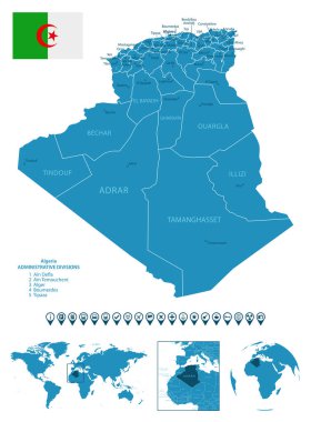 Cezayir - şehirlerle, bölgelerle, dünya haritası ve yeriyle detaylı bir mavi ülke haritası. Bilgi simgeleri. Vektör illüstrasyonu