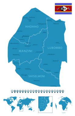 Eswatini - şehirlerle, bölgelerle, dünya haritası ve yeriyle detaylı bir mavi ülke haritası. Bilgi simgeleri. Vektör illüstrasyonu