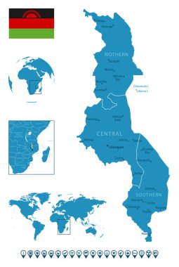 Malawi - şehirler, bölgeler, dünya haritası ve küredeki konumlar ile detaylı bir mavi ülke haritası. Bilgi simgeleri. Vektör illüstrasyonu