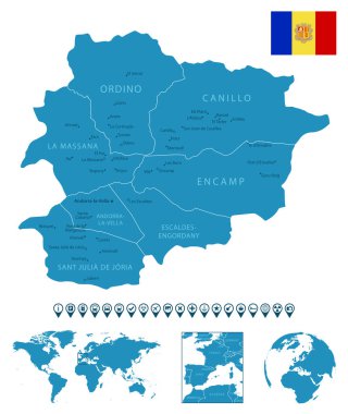 Andorra - şehirlerin ve bölgelerin detaylı mavi ülke haritası. Dünya haritasında ve kürede konum. Bilgi simgeleri. Vektör illüstrasyonu.