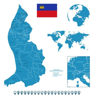 Lihtenştayn - şehirlerin ve bölgelerin detaylı mavi ülke haritası. Dünya haritasında ve kürede konum. Bilgi simgeleri. Vektör illüstrasyonu.