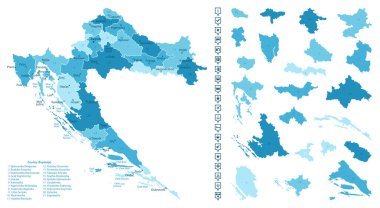 Hırvatistan - ülkenin mavi renkli ayrıntılı haritası, bölgelere bölünmüş. Bilgi simgeleri. Vektör illüstrasyonu.