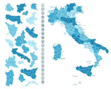 İtalya - ülkenin mavi renklerle detaylı haritası, bölgelere bölünmüş. Bilgi simgeleri. Vektör illüstrasyonu.