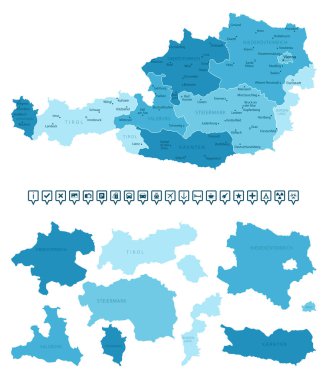 Avusturya - ülkenin mavi renklerle detaylı haritası, bölgelere bölünmüş. Bilgi simgeleri. Vektör illüstrasyonu.