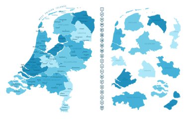Hollanda - ülkenin mavi renklerle detaylı haritası, bölgelere bölünmüş. Bilgi simgeleri. Vektör illüstrasyonu.