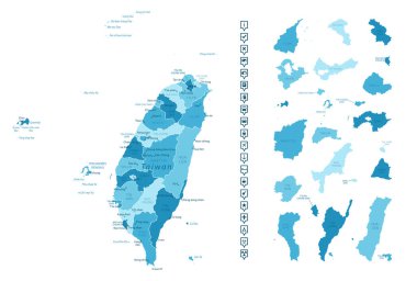 Tayvan - ülkenin mavi renkli detaylı haritası, bölgelere bölünmüş. Bilgi simgeleri. Vektör illüstrasyonu.