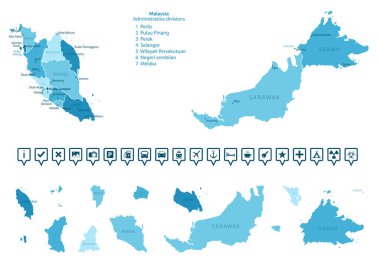 Malezya - ülkenin mavi renkli detaylı haritası, bölgelere bölünmüş. Bilgi simgeleri. Vektör illüstrasyonu.