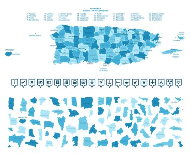 Porto Riko. Bölgeye bölünmüş ülkenin mavi renkli detaylı haritası. Bilgi simgeleri. Vektör illüstrasyonu.